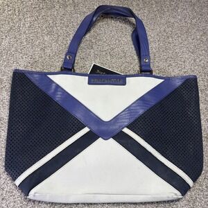 Juicy Couture Tote Bag Womens Large Blue Colorblock Mesh Faux Leather Shoulder